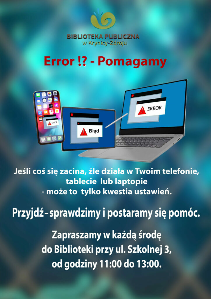 Plakat promujący pomoc dla czytelników w kwestii komputerów, telefonów, tabletów.