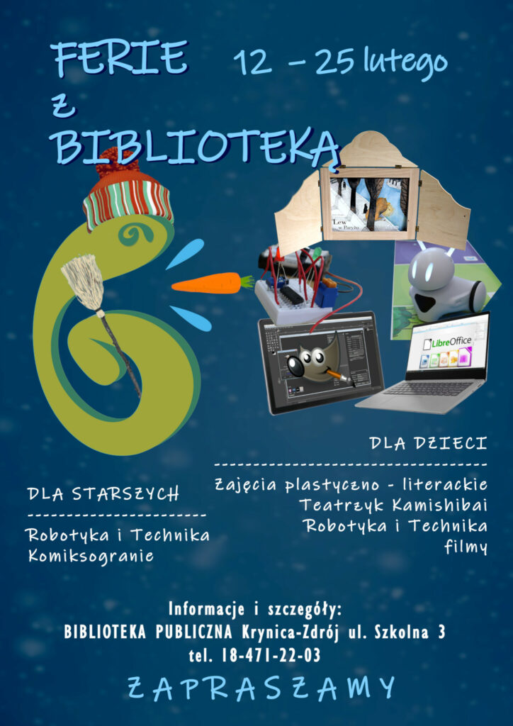 Plakat promujący ferie z biblioteką