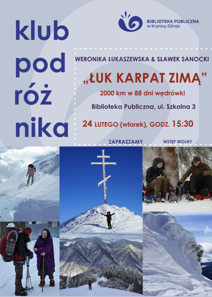 na plakacie zdjęcia zimowe pejzaże z ludzmi na nartach z plecakami