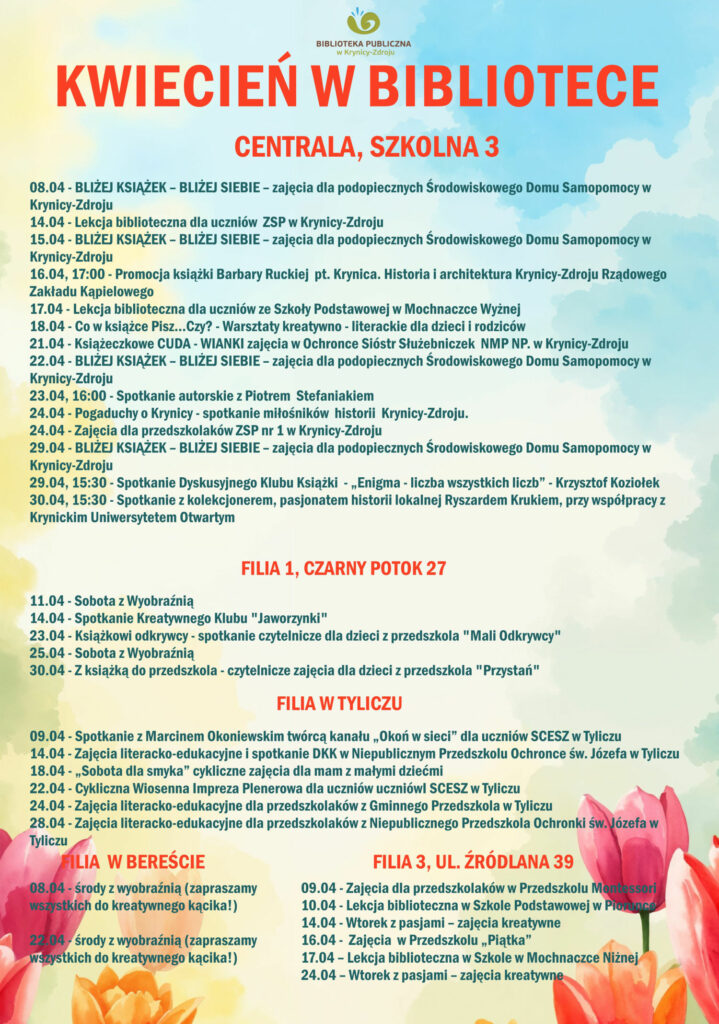 Plakat na działania biblioteki w miesiącu kwietniu