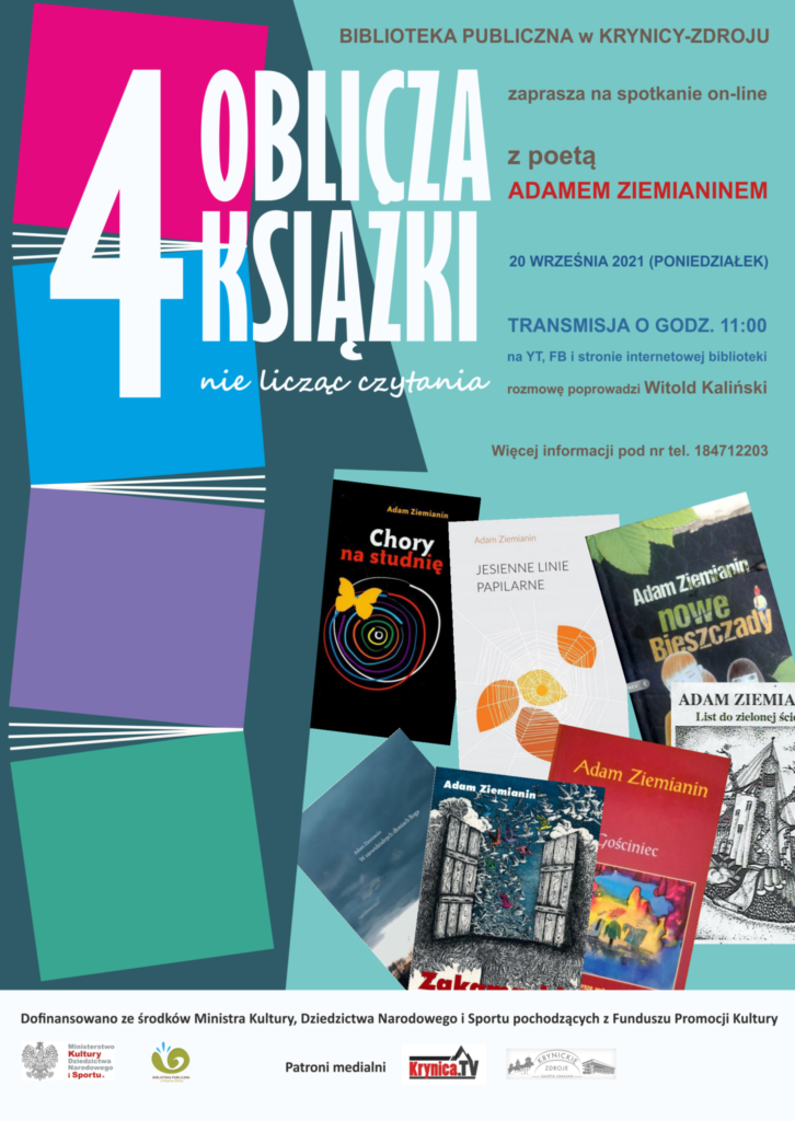 Plakat kolorowy na spotkanie z poetą Adamem Ziemianinem