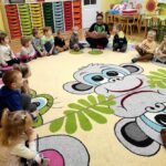 na zdjęciu widać dzieci siedzące na kolorowym dywanie i słuchające książkę czytaną im przez bibliotekarkę