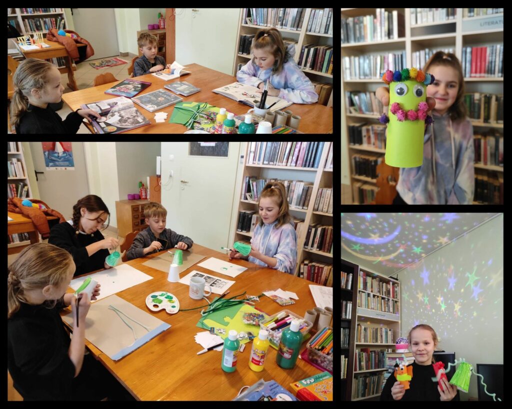 kolaż utworzony z czterech zdjęć, na zdjęciach widać salę biblioteczną, wokół stołu siedzą dzieci, czytają książki, wykonują pracę plastyczną