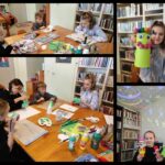 kolaż utworzony z czterech zdjęć, na zdjęciach widać salę biblioteczną, wokół stołu siedzą dzieci, czytają książki, wykonują pracę plastyczną