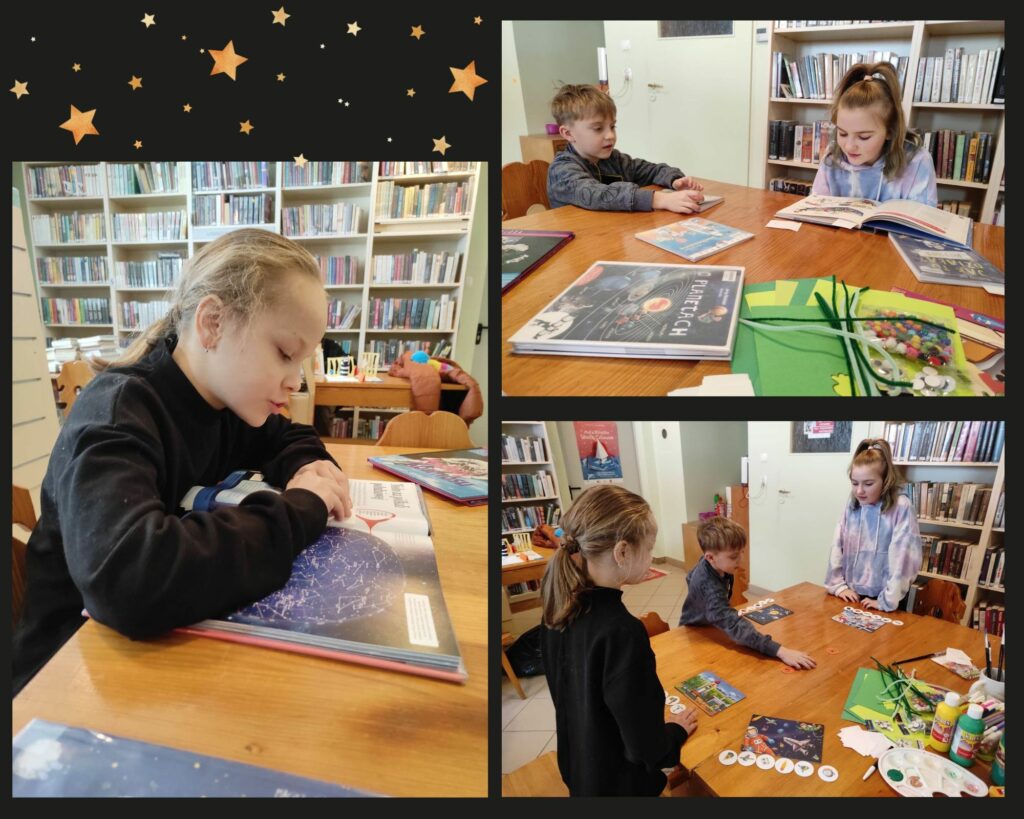 kolaż utworzony z trzech zdjęć, na zdjęciach widoczna jest sala biblioteczna, stół, przy stole siedzą dzieci, czytają książki, grają w grę edukacyjną