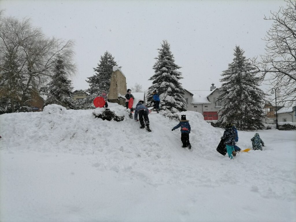 Dzieci bawią się na zewnątrz – zjeżdżają z górki. W tle domy i drzewa.