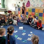 na zdjęciu widać salę przeszkloną, siedzące dzieci i stojącą bibliotekarkę.
