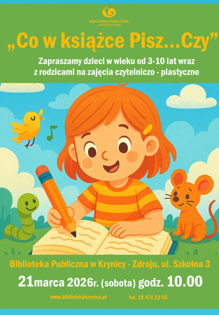 Na zdjęciu plakat informujący o sobotnich zajęciach dla dzieci wraz z rodzicami . na zdjęciu dziewczynka przed ksiązką trzyma ołówek i rysuje.