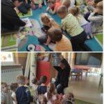 na zdjęciu widać salę przedszkolną, dzieci siedzą na dywanie, bibliotekarz czyta książkę i tworzy układankę z figur geometrycznych