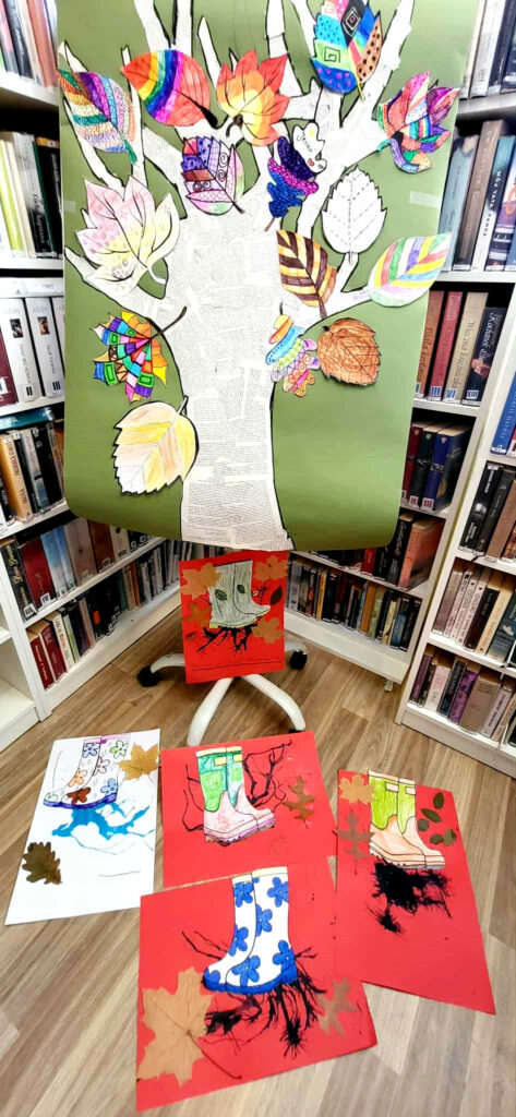 na zdjęciu widać prace plastyczne w tematyce jesiennej wykonane przez dzieci