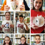 na zdjęciu widoczne są dzieci prezentujące wykonane przez siebie prace plastyczne. Są to kolorowe kubki