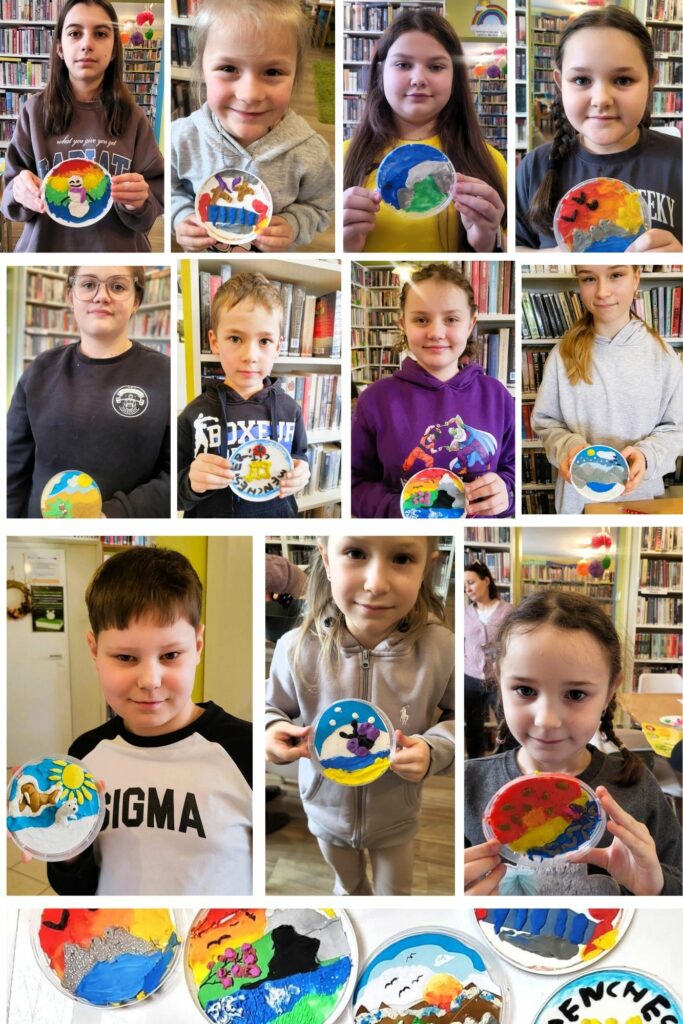 na zdjęciu widać kolaż utworzony z fotografii przedstawiających dzieci trzymające prace plastyczne wykonane własnoręcznie