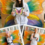 kolaż zdjęć zdjęć ze stojącymi na tle barwnych motyli skrzydeł