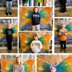 kolaż zdjęć zdjęć ze stojącymi na tle barwnych motyli skrzydeł